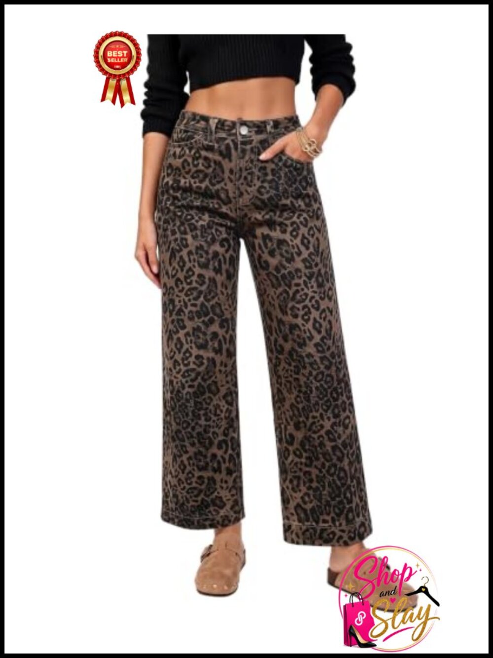 Wide Leg High Waisted Cheetah Print Jeans Ankle Length Stretchy Women's